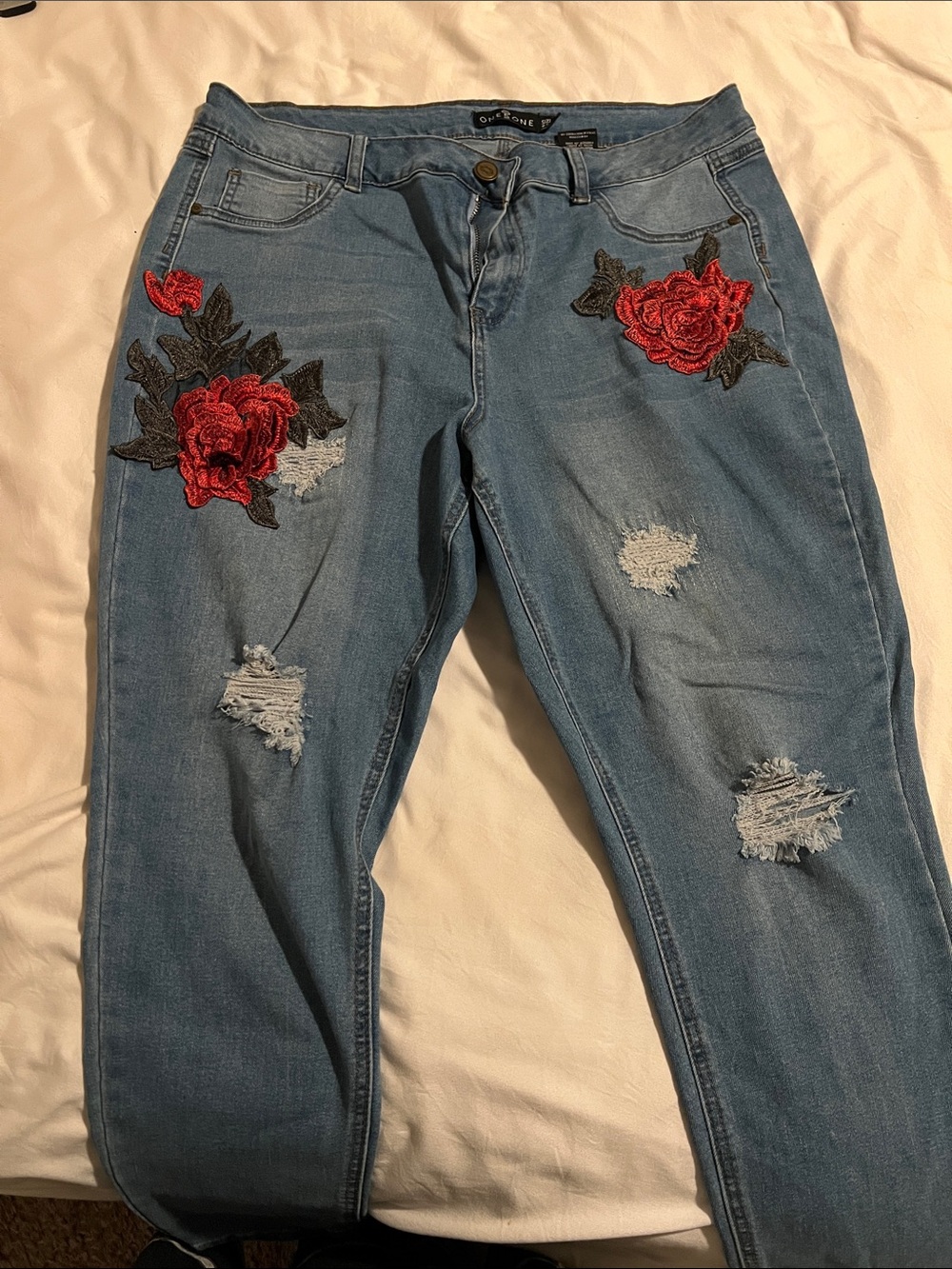 one 5 one Light Blue Skinny Jeans with Red Rose Embroidery
